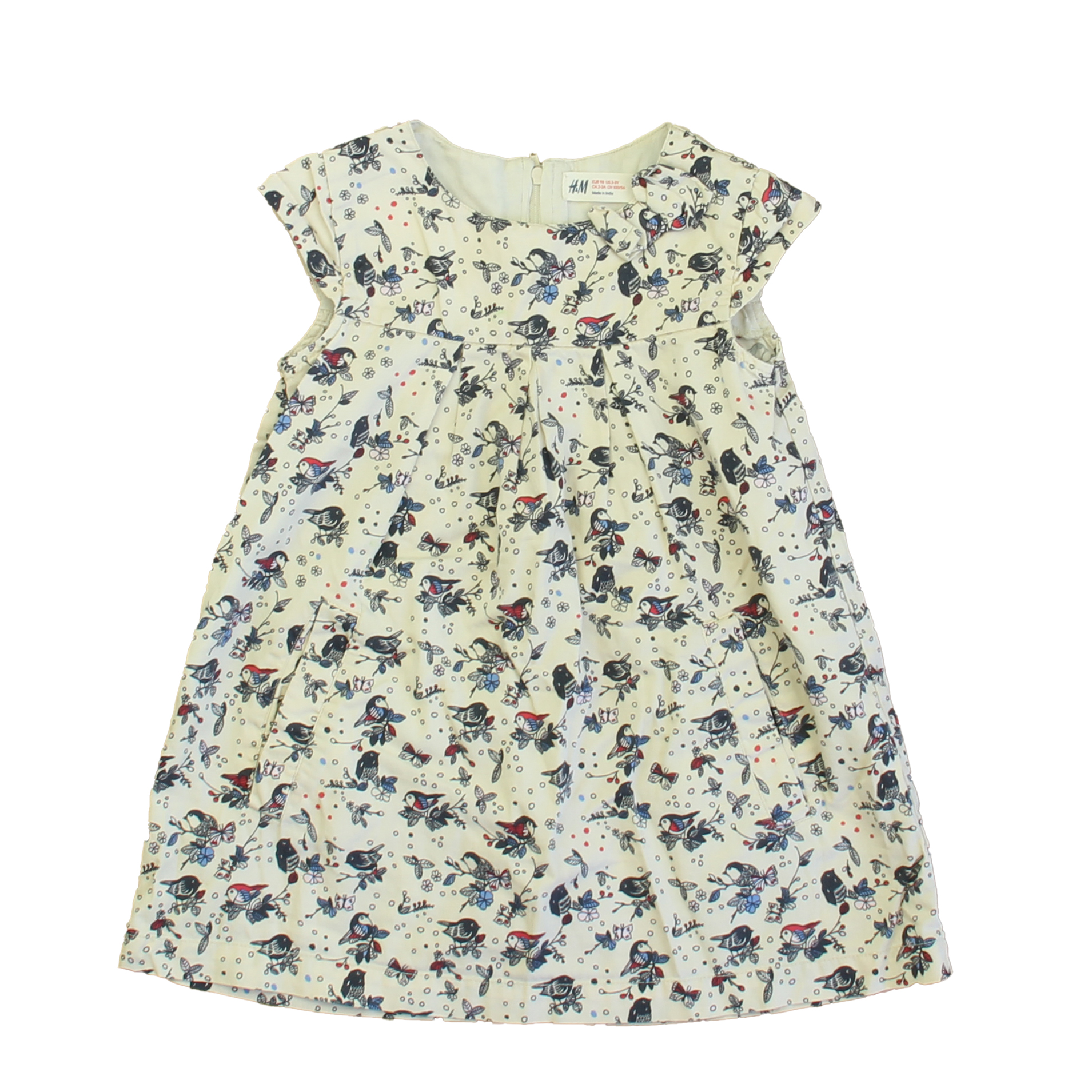 H&M Girls Ivory | Blue Birds Dress Size: 2-3t